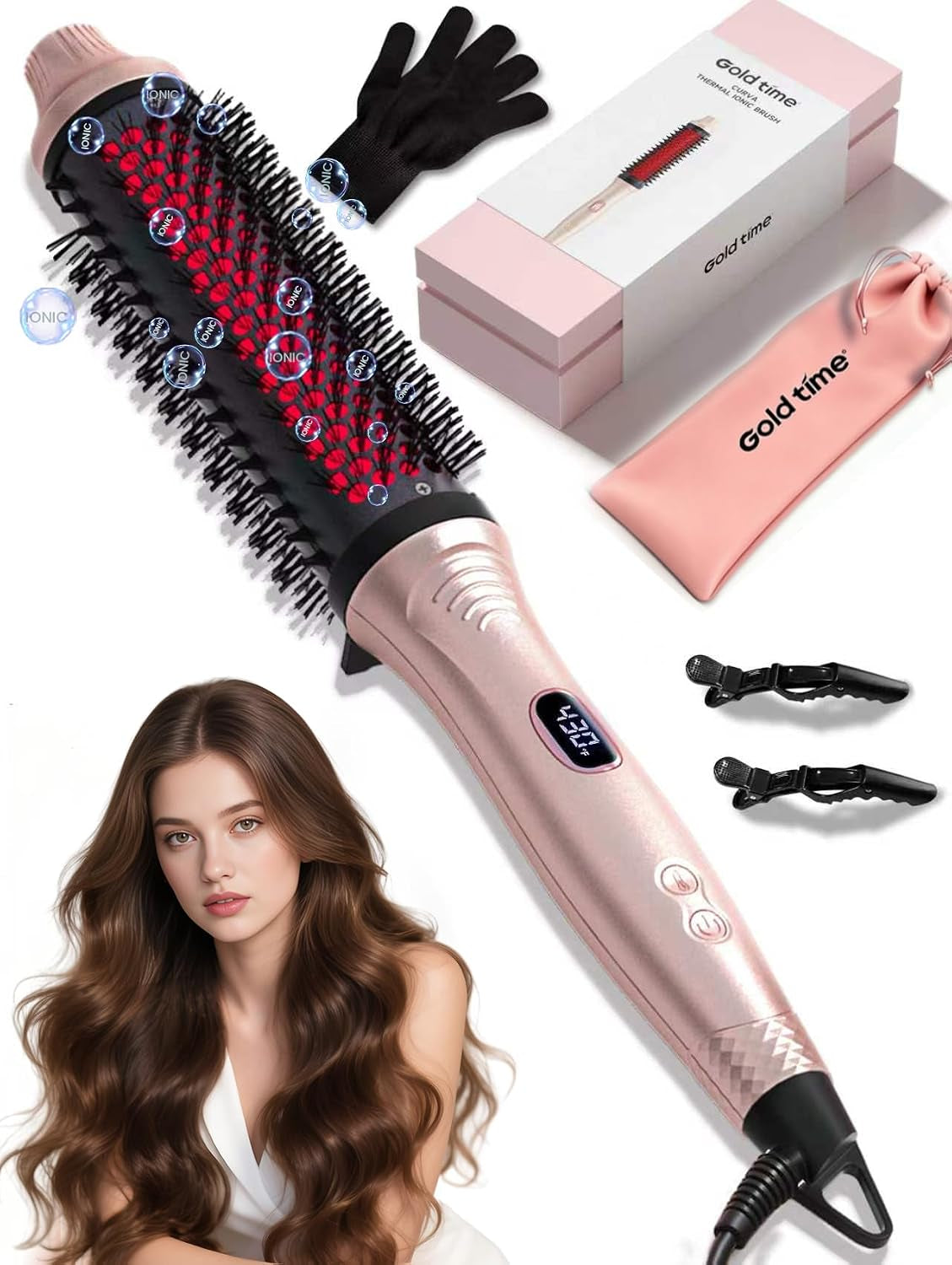 Infrared Thermal 2-in-1 Brush with 100 Million Negative Ions - Curling, Straightening & Smoothing Tool with 6 Heat Settings, LED Display, Lightweight Design, Dual Voltage, Auto Shut-Off, Presented in Elegant Pink Gift Box
