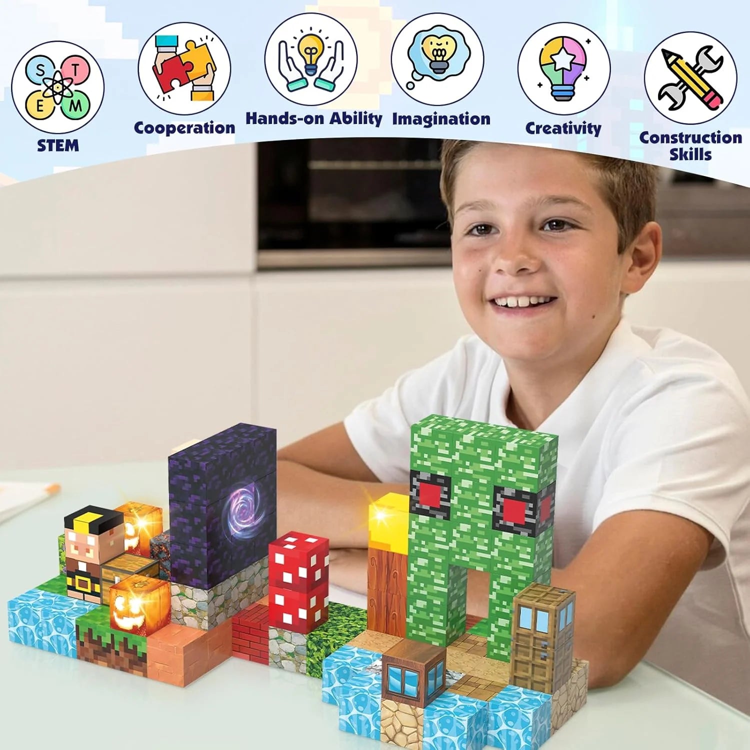 Magnetic Building Blocks - STEM Construction Toys for Kids, Montessori Sensory Stacking Blocks with Light, Perfect Christmas & Birthday Gifts for Ages 3-12