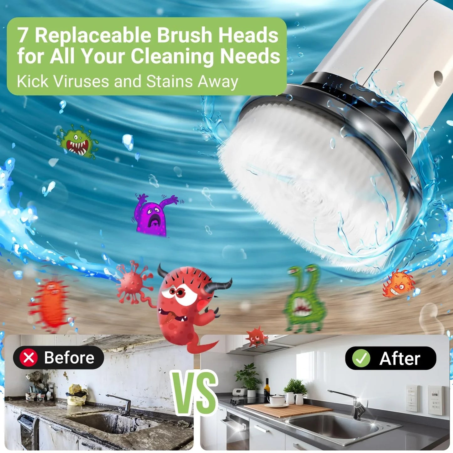 Cordless Electric Spin Scrubber with 8 Interchangeable Brush Heads and Extended Handle for Optimal Cleaning of Floors, Tiles, Bathrooms, and Tubs