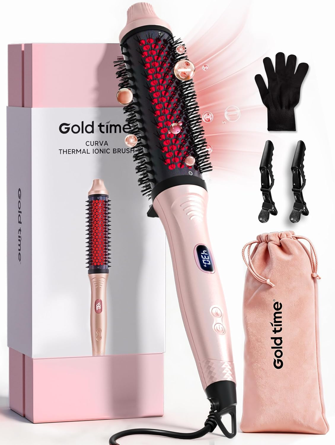 Infrared Thermal 2-in-1 Brush with 100 Million Negative Ions - Curling, Straightening & Smoothing Tool with 6 Heat Settings, LED Display, Lightweight Design, Dual Voltage, Auto Shut-Off, Presented in Elegant Pink Gift Box