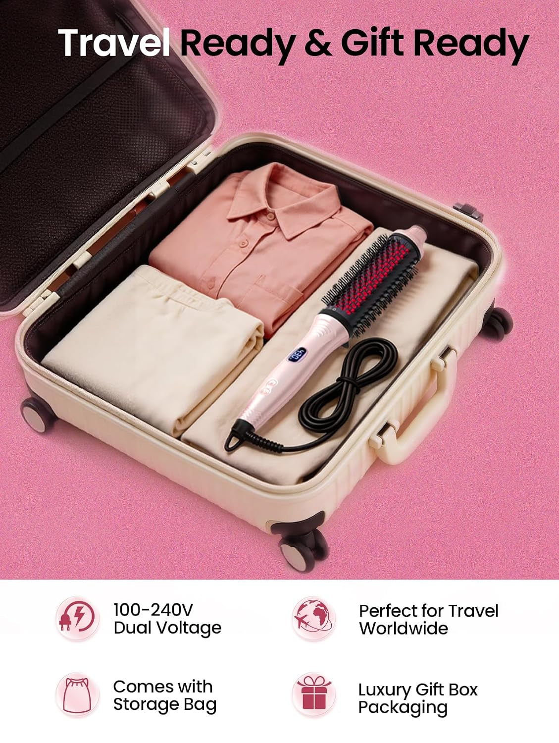 Infrared Thermal 2-in-1 Brush with 100 Million Negative Ions - Curling, Straightening & Smoothing Tool with 6 Heat Settings, LED Display, Lightweight Design, Dual Voltage, Auto Shut-Off, Presented in Elegant Pink Gift Box