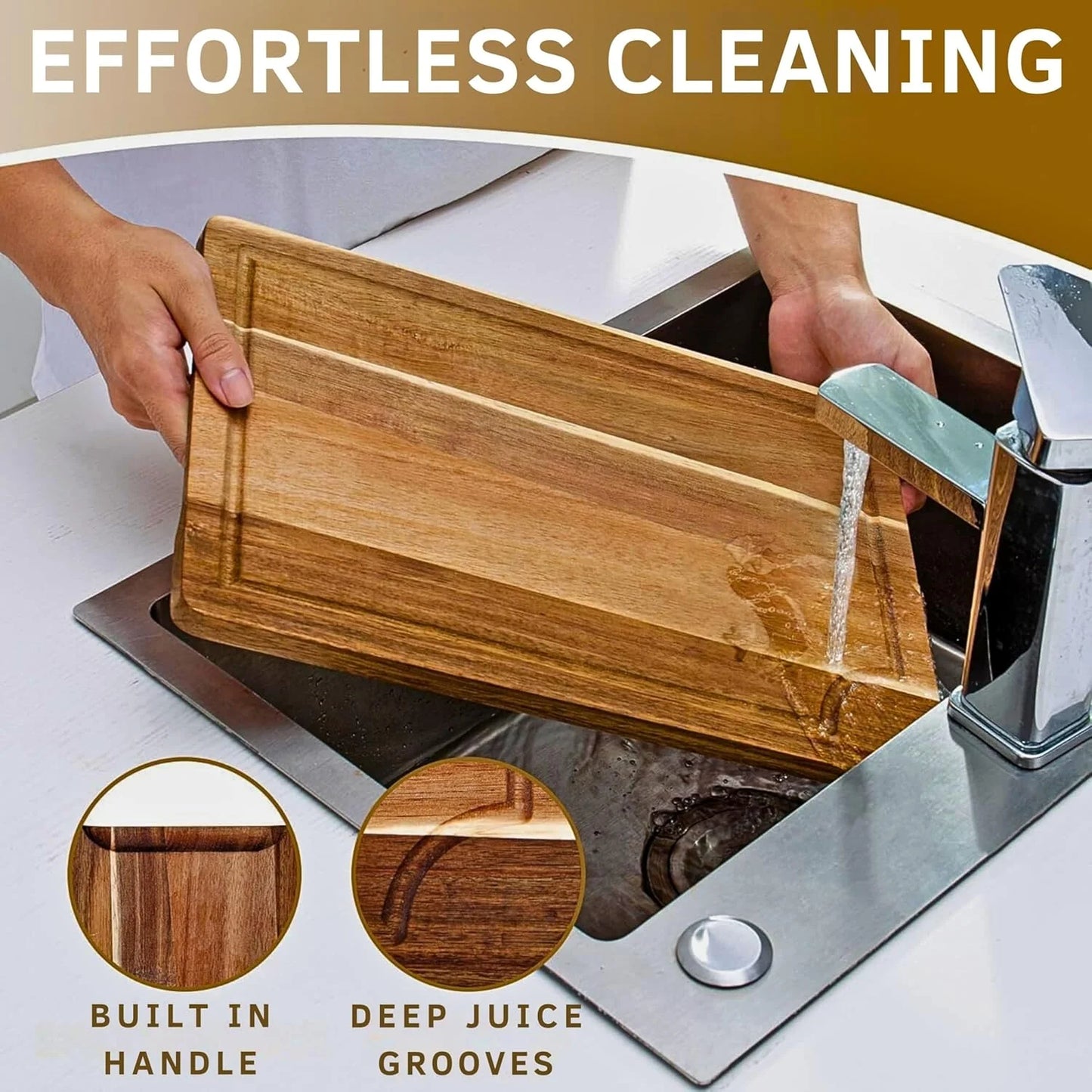 Acacia Wood Cutting Board Set of Three with Wooden Holder, Non-Slip Silicone Pads, Deep Juice Grooves, and Handles – Perfect for Meat, Vegetables, and Charcuterie; A Stylish Kitchen Gift