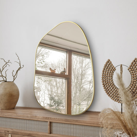 Asymmetrical Golden Wood Framed Wall Mirror, 28'' x 20'' for Bathroom, Bedroom, Living Room, and Entryway