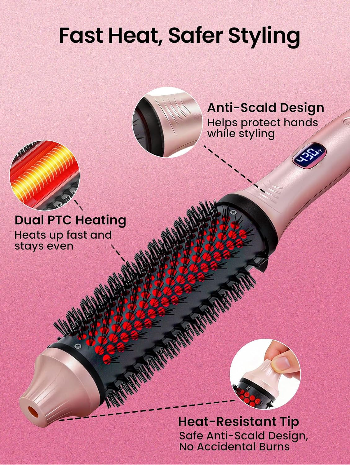 Infrared Thermal 2-in-1 Brush with 100 Million Negative Ions - Curling, Straightening & Smoothing Tool with 6 Heat Settings, LED Display, Lightweight Design, Dual Voltage, Auto Shut-Off, Presented in Elegant Pink Gift Box