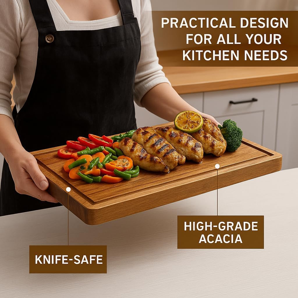 Acacia Wood Cutting Board Set of Three with Wooden Holder, Non-Slip Silicone Pads, Deep Juice Grooves, and Handles – Perfect for Meat, Vegetables, and Charcuterie; A Stylish Kitchen Gift