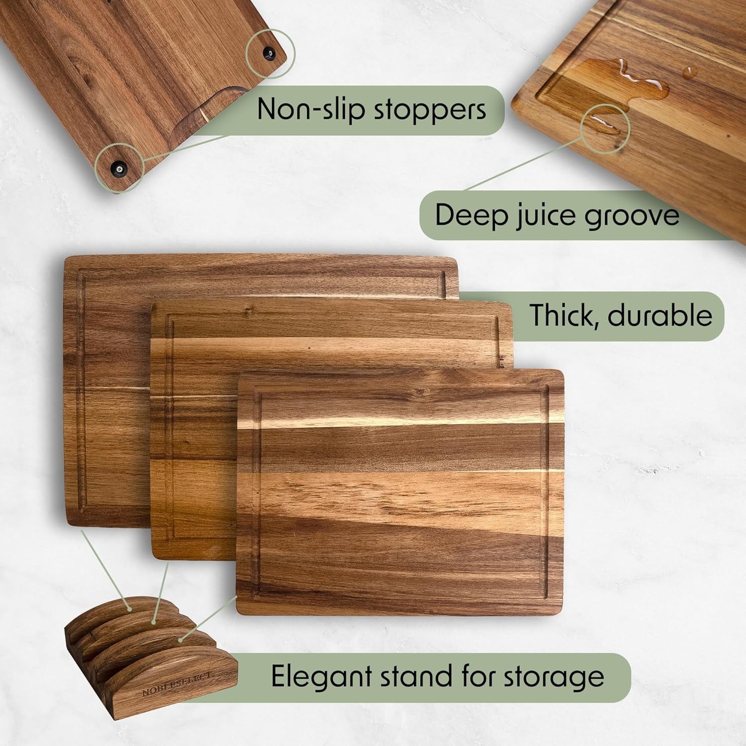 Acacia Wood Cutting Board Set of Three with Wooden Holder, Non-Slip Silicone Pads, Deep Juice Grooves, and Handles – Perfect for Meat, Vegetables, and Charcuterie; A Stylish Kitchen Gift