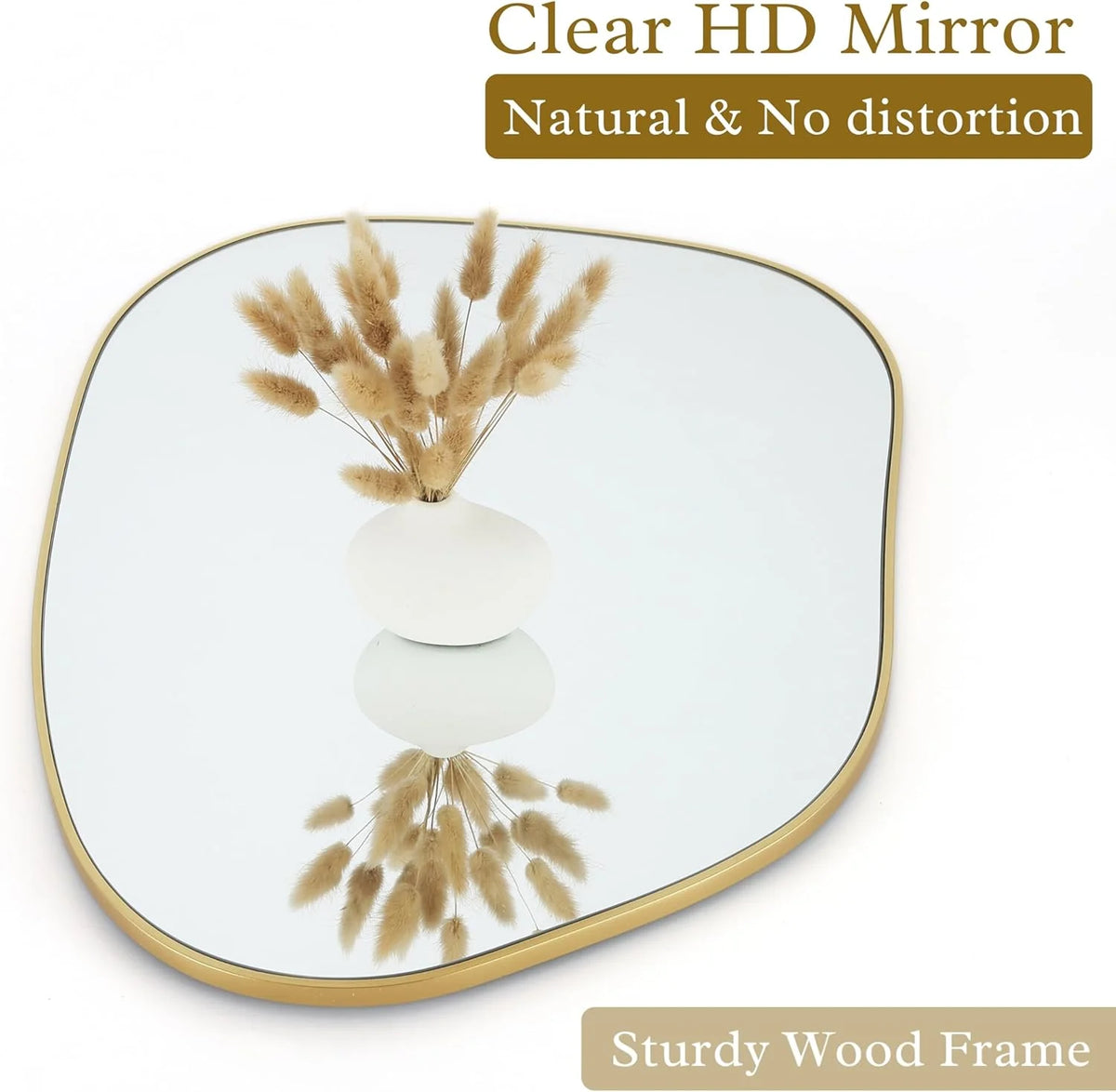 Asymmetrical Golden Wood Framed Wall Mirror, 28'' x 20'' for Bathroom, Bedroom, Living Room, and Entryway