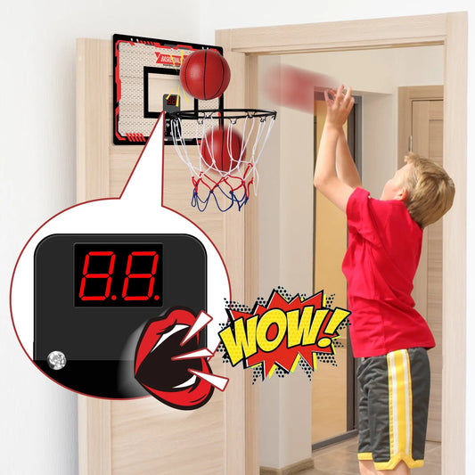 Indoor Basketball Hoop with LED Lights, Mini Basketball Set including 2 Balls and Electronic Scoreboard, Over-the-Door Basketball Accessory for Kids and Teens Aged 5 to 12