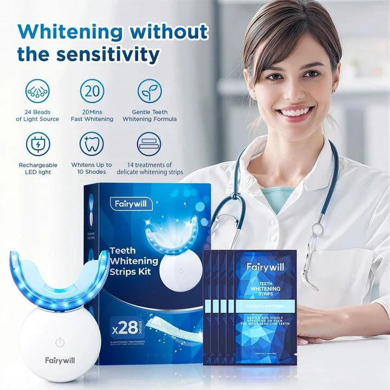 Ultimate LED Teeth Whitening Strips Kit - 28 Strips + 24 Blue Light Accelerator for Fast, Sensitive Care Against Coffee & Smoking Stains!
