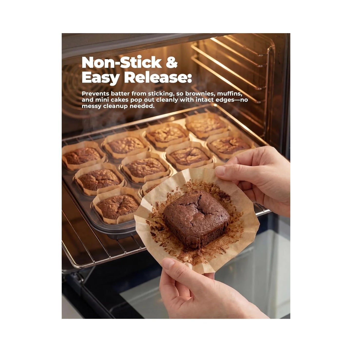 Bake Choice 100-Count Natural Parchment Paper Square Mini Cupcake Liners - Non-Stick Baking Cups for 12 Mini Brownie Pans, Perfect for Weddings and Parties