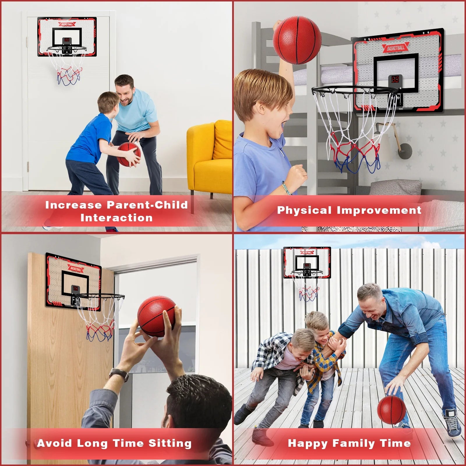 Indoor Basketball Hoop with LED Lights, Mini Basketball Set including 2 Balls and Electronic Scoreboard, Over-the-Door Basketball Accessory for Kids and Teens Aged 5 to 12