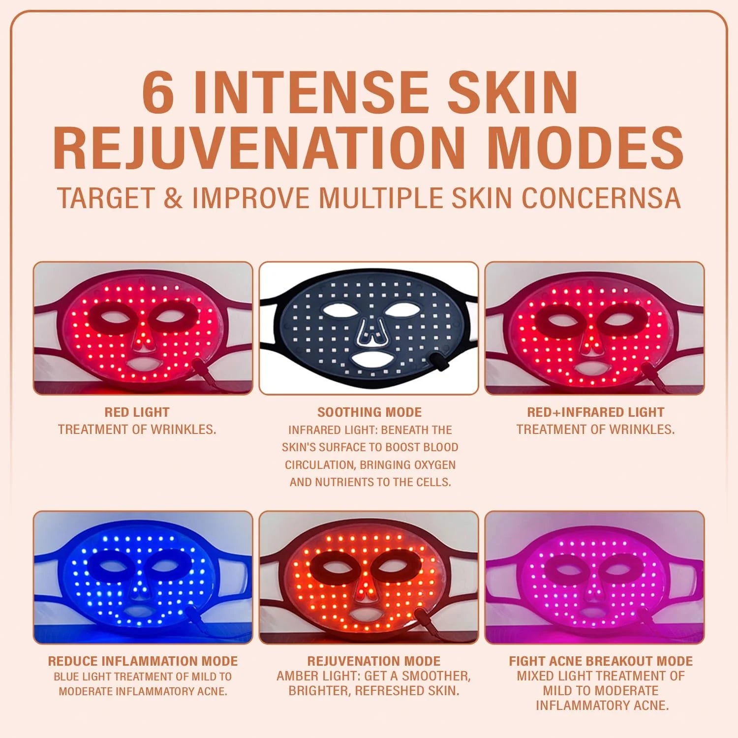 LED Facial Skin Care Mask with Red Light Therapy, 7-in-1 Color Options, 175 High-Density Light Beads, Black