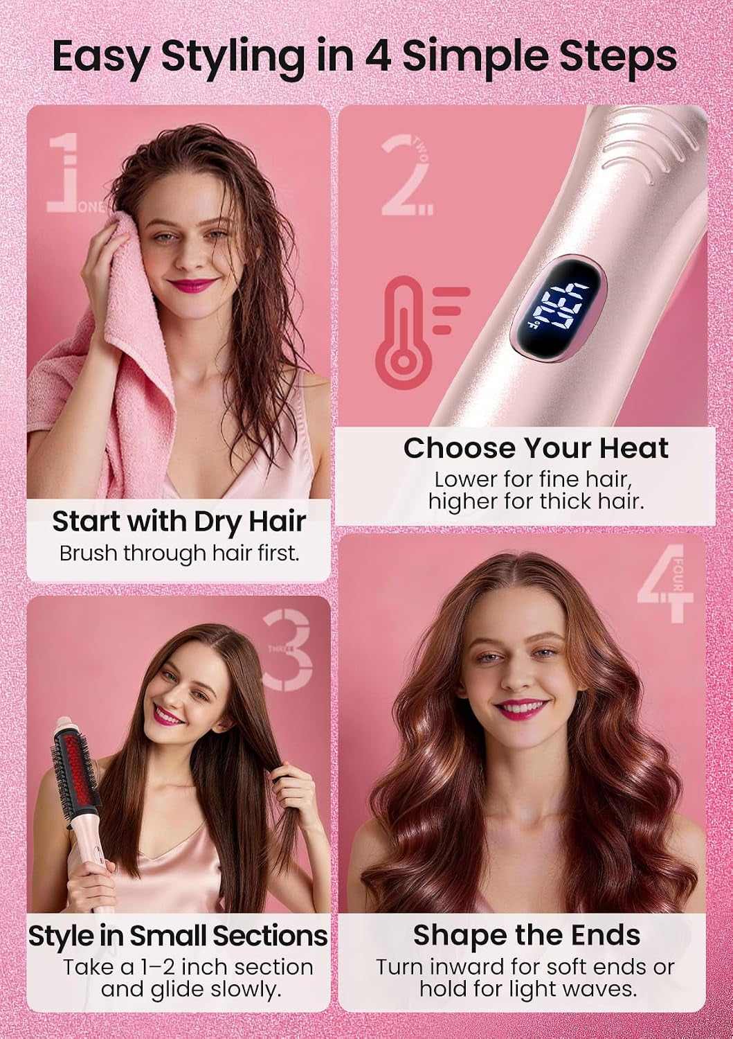 Infrared Thermal 2-in-1 Brush with 100 Million Negative Ions - Curling, Straightening & Smoothing Tool with 6 Heat Settings, LED Display, Lightweight Design, Dual Voltage, Auto Shut-Off, Presented in Elegant Pink Gift Box