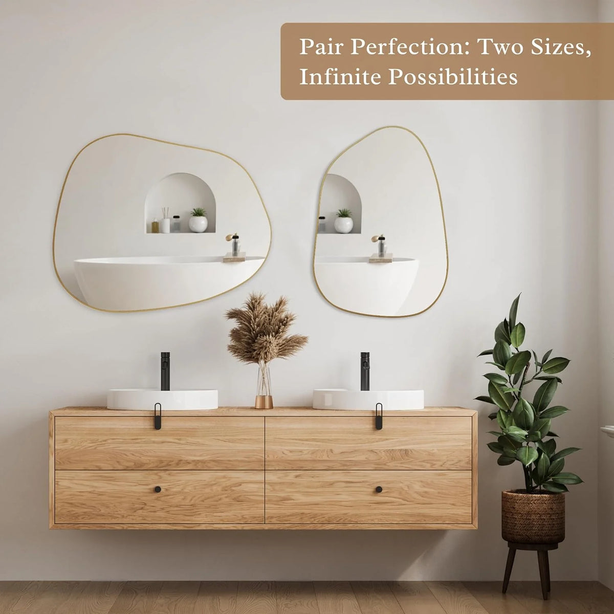 Asymmetrical Golden Wood Framed Wall Mirror, 28'' x 20'' for Bathroom, Bedroom, Living Room, and Entryway
