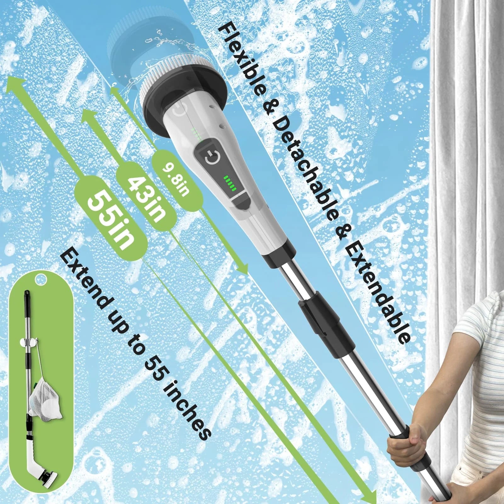 Cordless Electric Spin Scrubber with 8 Interchangeable Brush Heads and Extended Handle for Optimal Cleaning of Floors, Tiles, Bathrooms, and Tubs