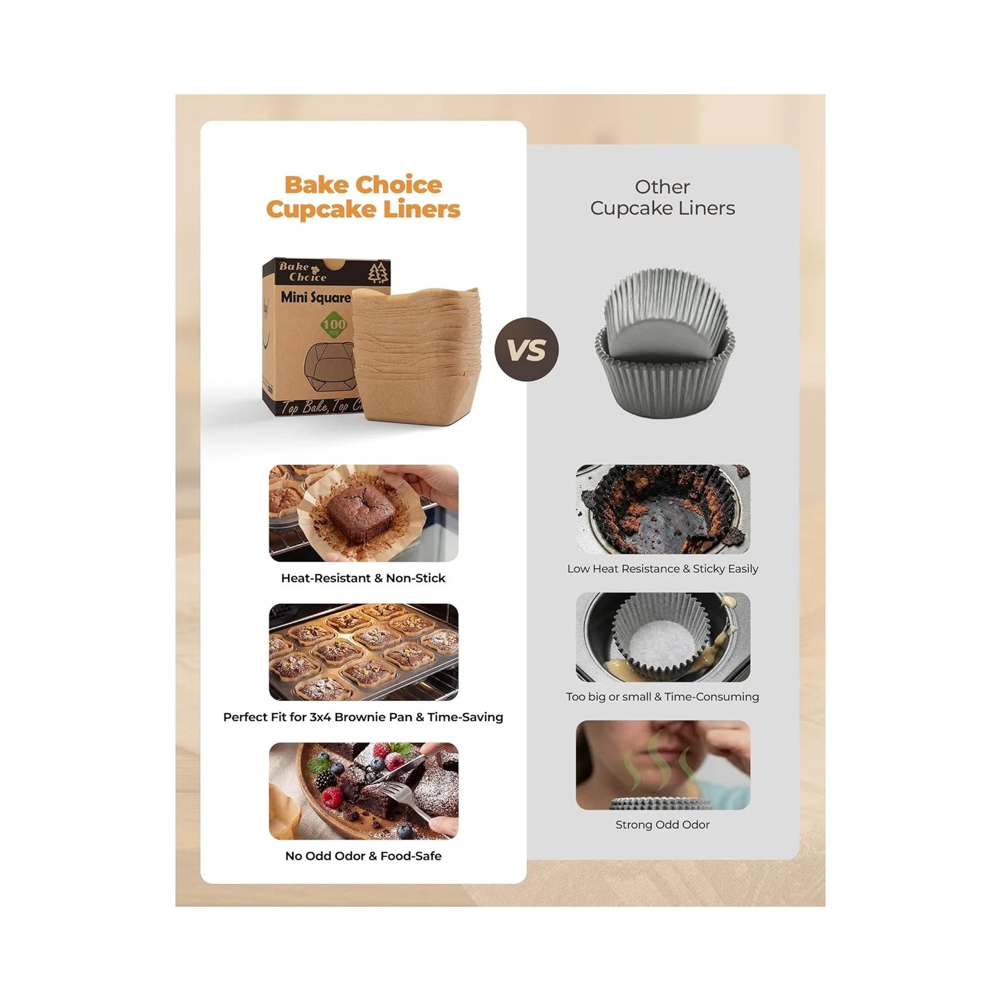 Bake Choice 100-Count Natural Parchment Paper Square Mini Cupcake Liners - Non-Stick Baking Cups for 12 Mini Brownie Pans, Perfect for Weddings and Parties