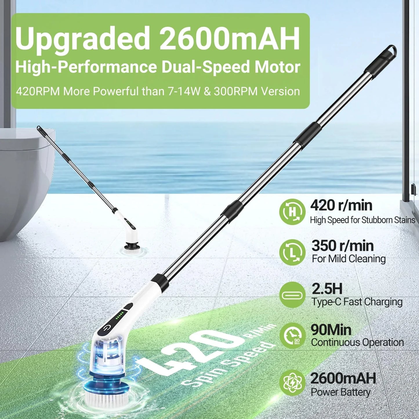 Cordless Electric Spin Scrubber with 8 Interchangeable Brush Heads and Extended Handle for Optimal Cleaning of Floors, Tiles, Bathrooms, and Tubs