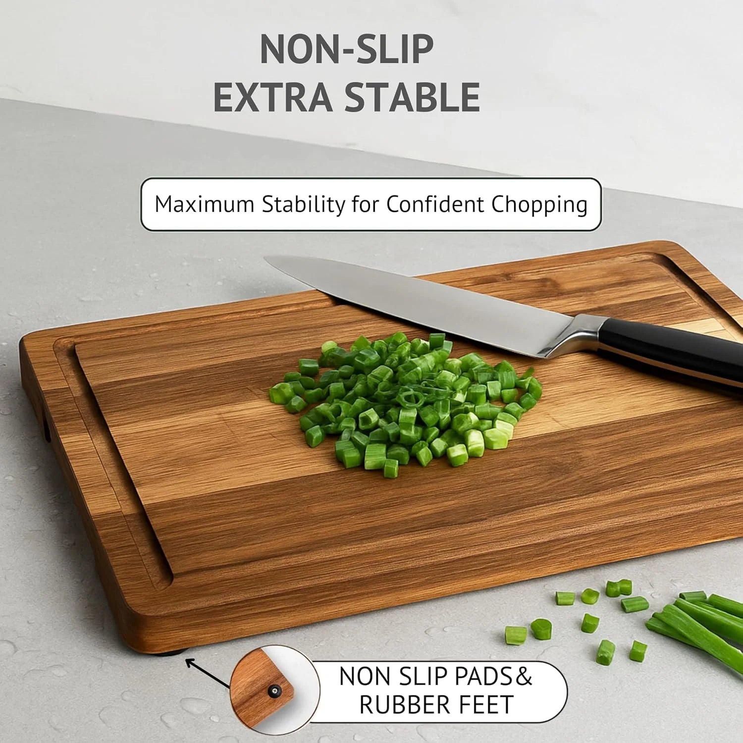 Acacia Wood Cutting Board Set of Three with Wooden Holder, Non-Slip Silicone Pads, Deep Juice Grooves, and Handles – Perfect for Meat, Vegetables, and Charcuterie; A Stylish Kitchen Gift