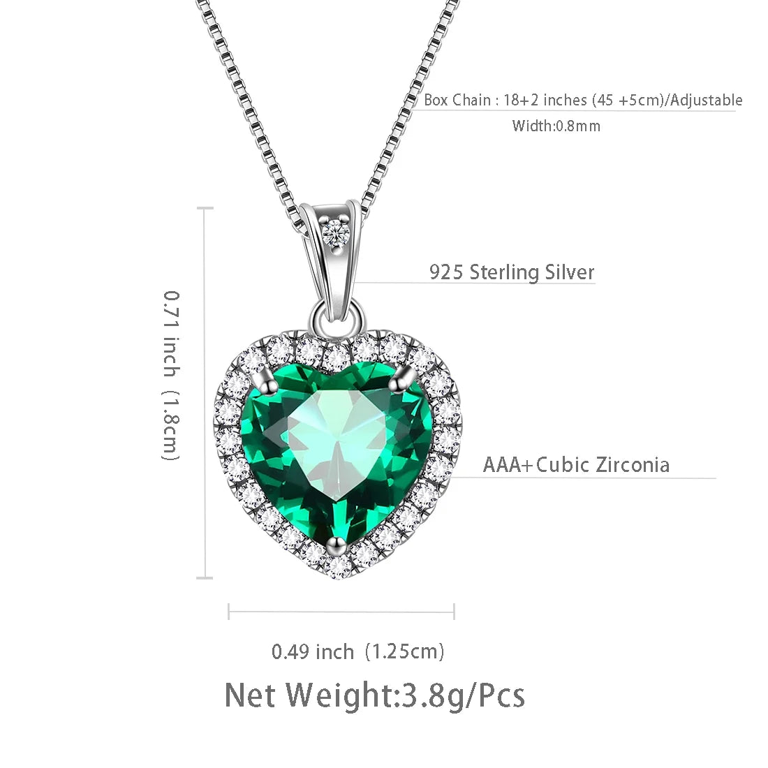 Emerald Heart Pendant Necklace in 925 Sterling Silver - May Birthstone Jewelry Gift for Birthdays and Mother's Day