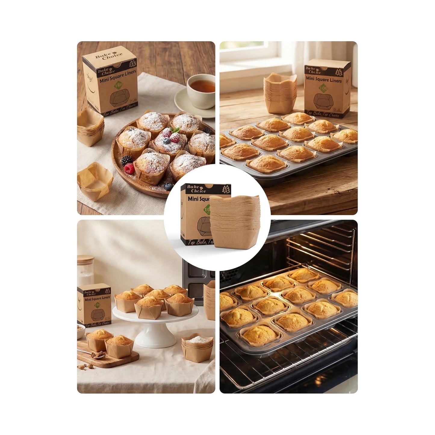 Bake Choice 100-Count Natural Parchment Paper Square Mini Cupcake Liners - Non-Stick Baking Cups for 12 Mini Brownie Pans, Perfect for Weddings and Parties