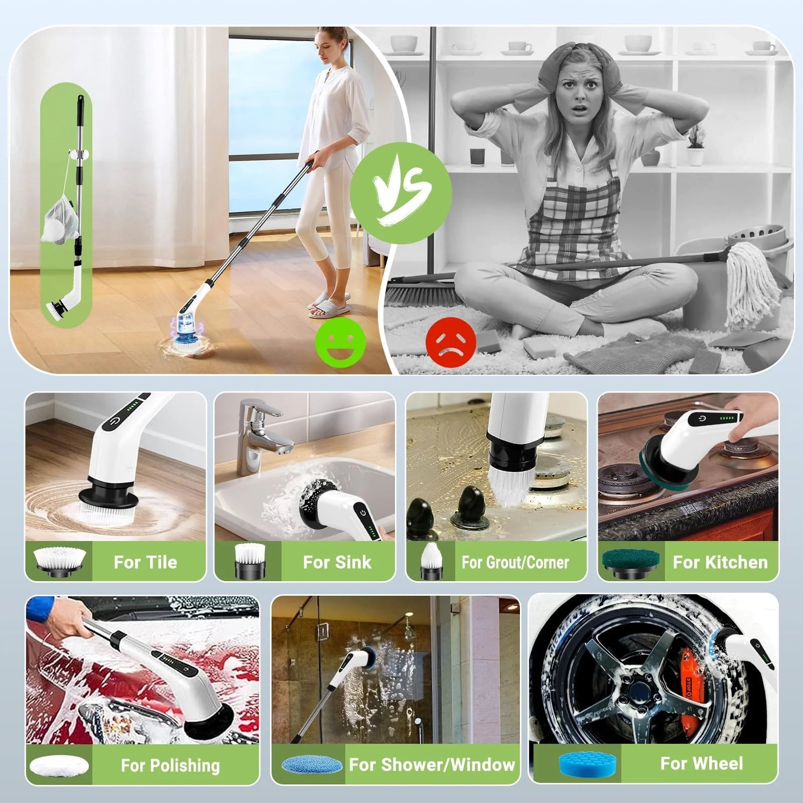 Cordless Electric Spin Scrubber with 8 Interchangeable Brush Heads and Extended Handle for Optimal Cleaning of Floors, Tiles, Bathrooms, and Tubs