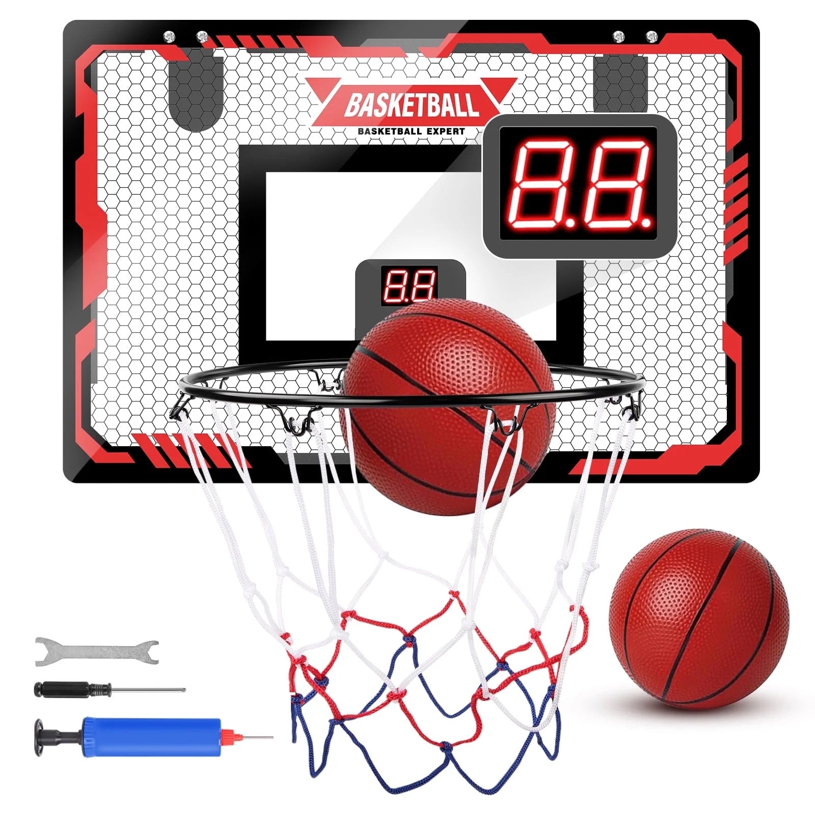 Indoor Basketball Hoop with LED Lights, Mini Basketball Set including 2 Balls and Electronic Scoreboard, Over-the-Door Basketball Accessory for Kids and Teens Aged 5 to 12