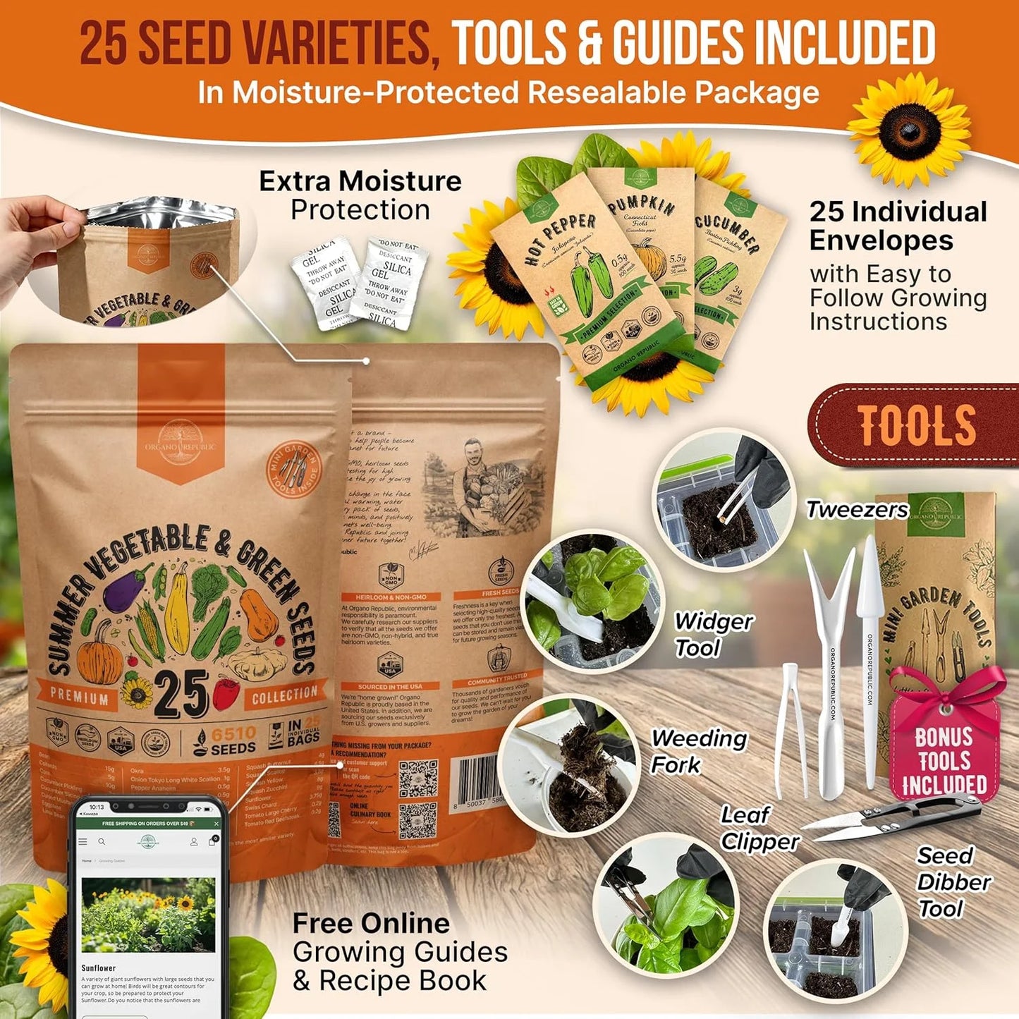 25 Premium Non-GMO Heirloom Vegetable & Greens Seed Varieties for a Thriving Summer Garden - Over 6,510 Seeds!