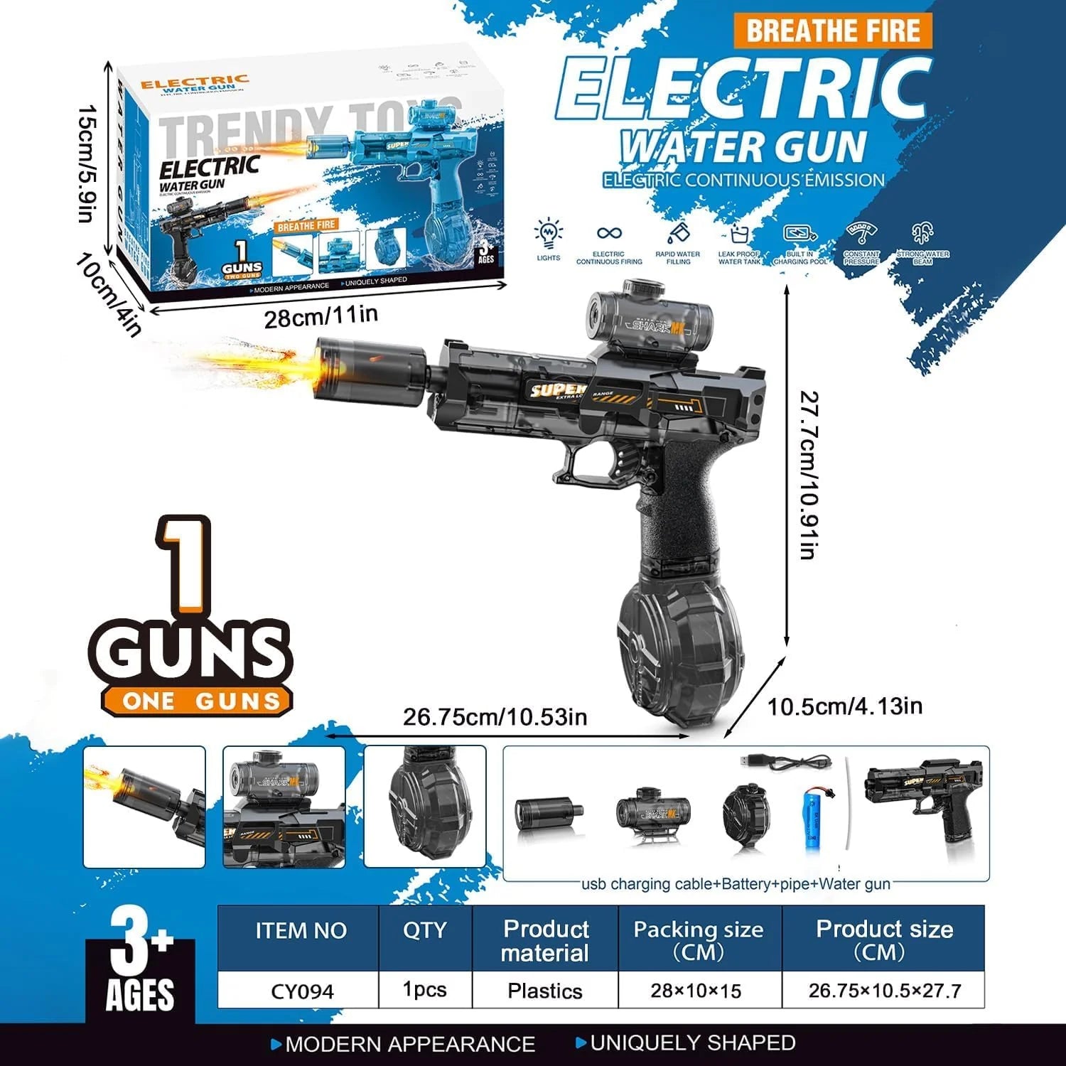 Automatic Electric Water Gun with 28-32 FT Range - Full-Function Water Blaster for Outdoor Recreation (Light Black)