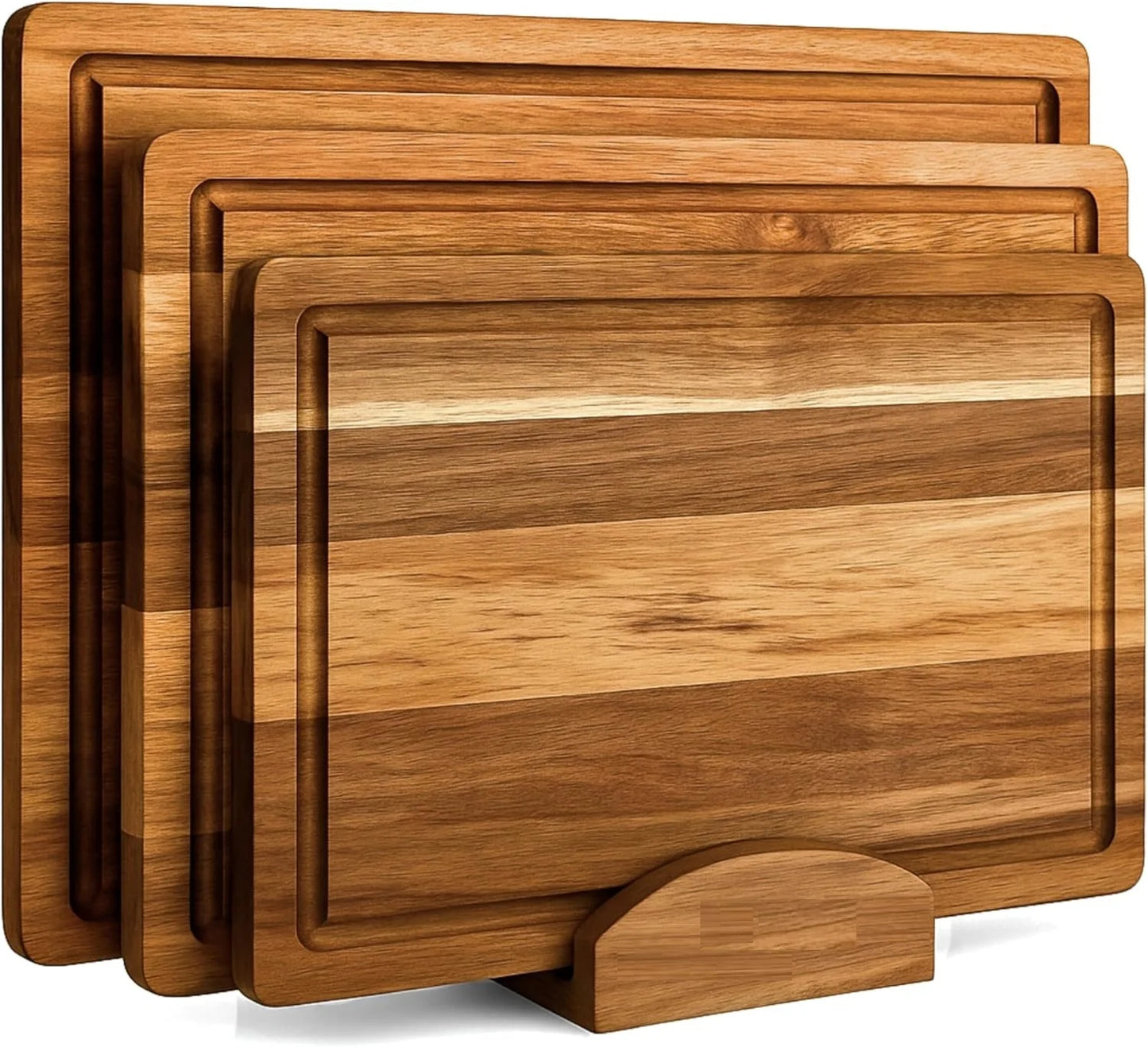 Acacia Wood Cutting Board Set of Three with Wooden Holder, Non-Slip Silicone Pads, Deep Juice Grooves, and Handles – Perfect for Meat, Vegetables, and Charcuterie; A Stylish Kitchen Gift