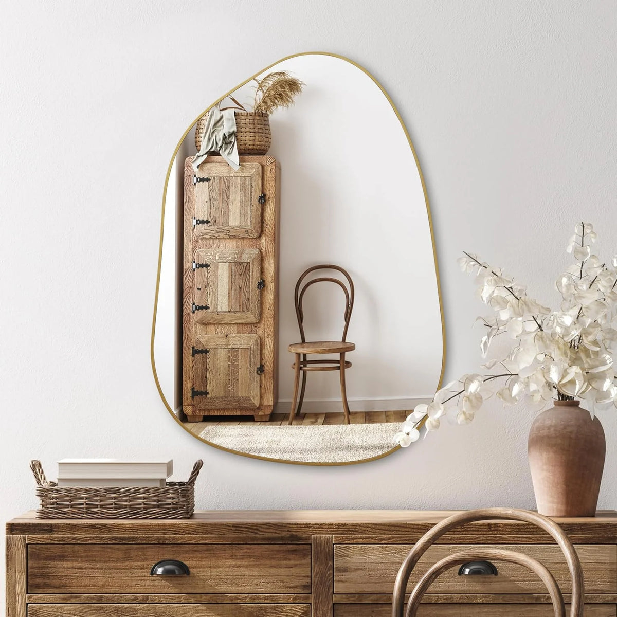 Asymmetrical Golden Wood Framed Wall Mirror, 28'' x 20'' for Bathroom, Bedroom, Living Room, and Entryway