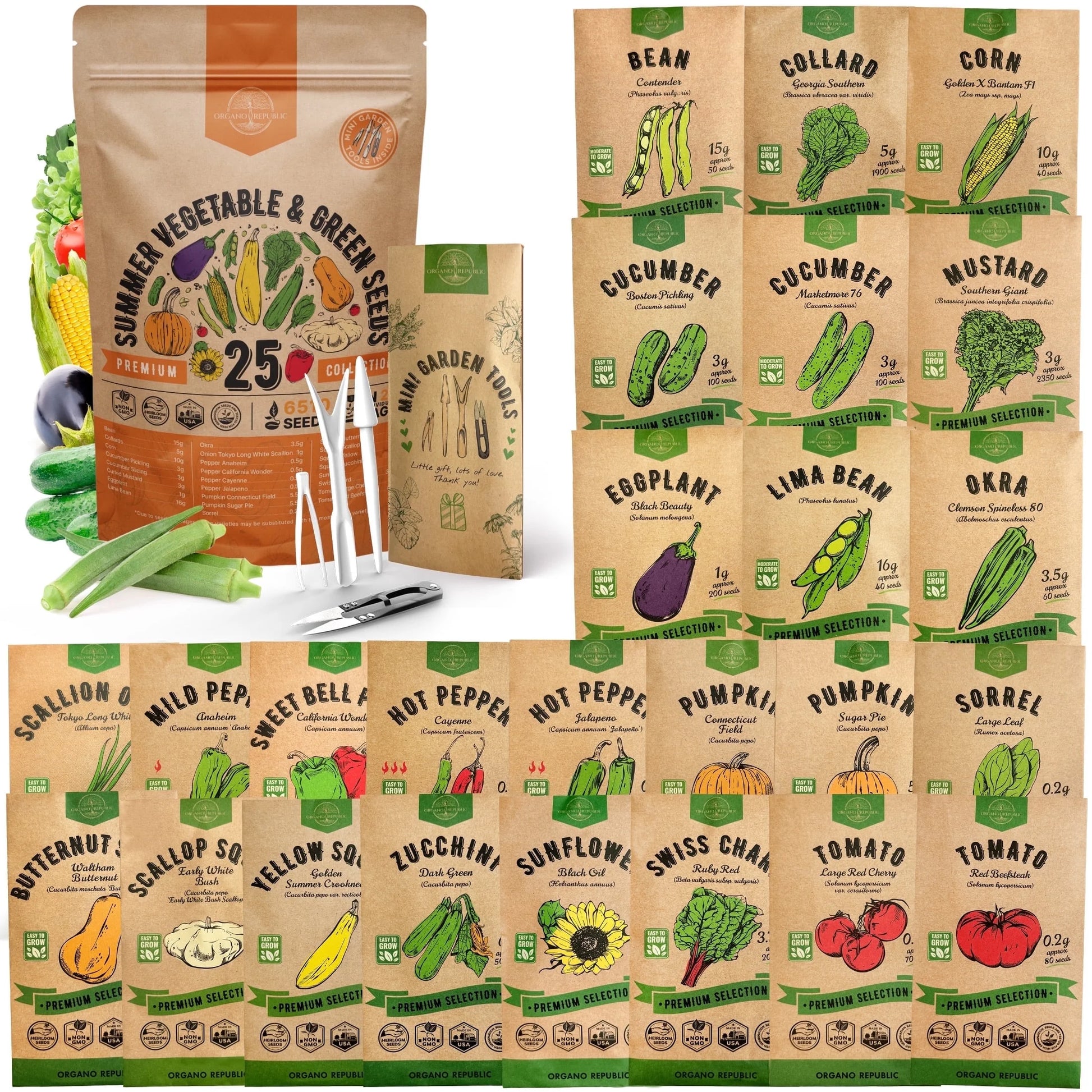 25 Premium Non-GMO Heirloom Vegetable & Greens Seed Varieties for a Thriving Summer Garden - Over 6,510 Seeds!