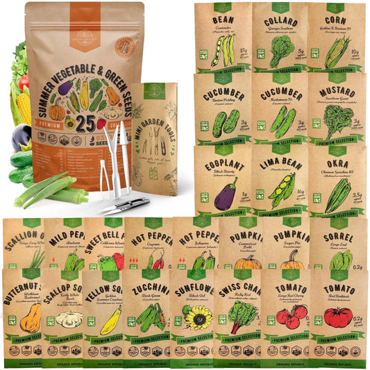 25 Premium Non-GMO Heirloom Vegetable & Greens Seed Varieties for a Thriving Summer Garden - Over 6,510 Seeds!