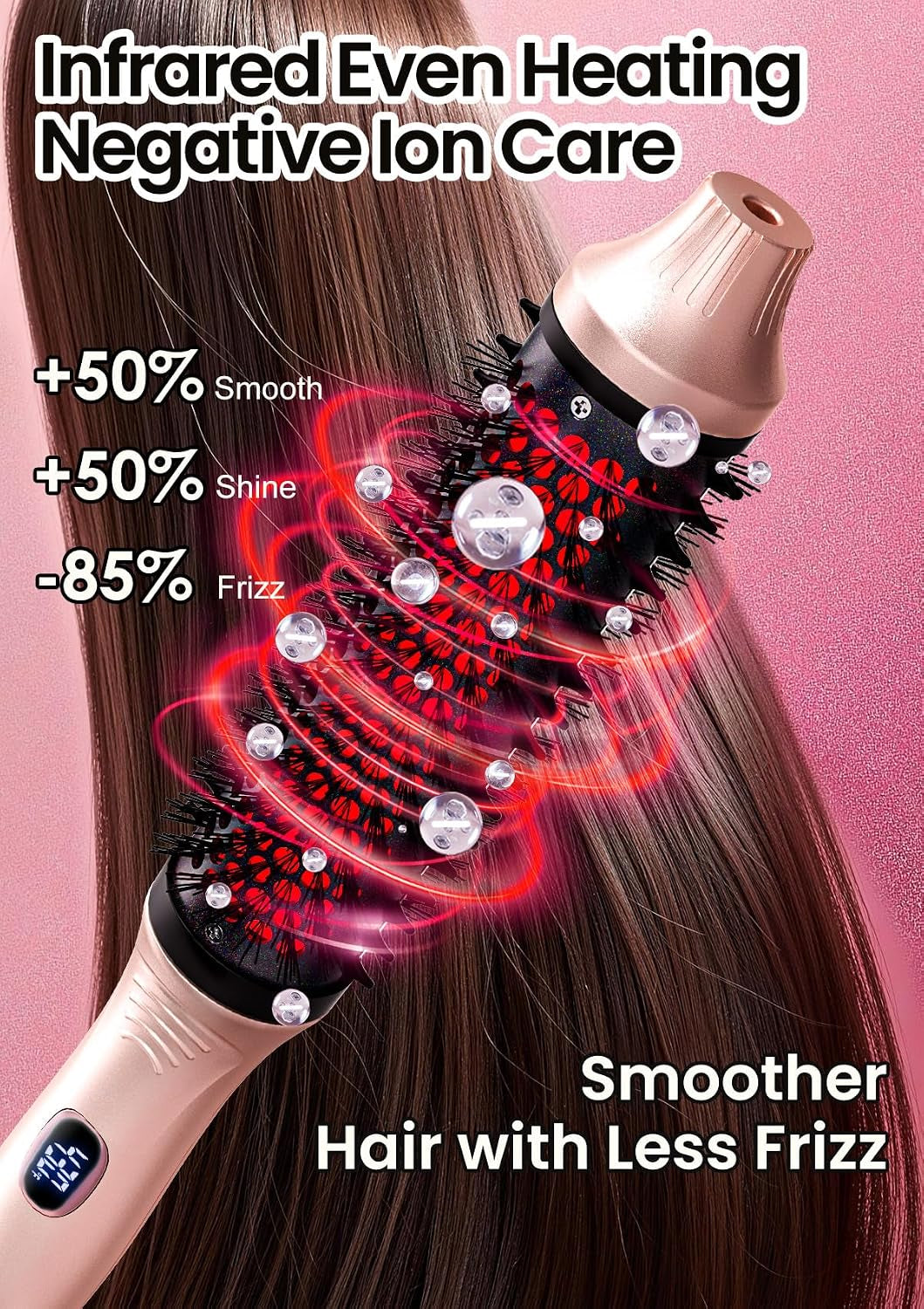 Infrared Thermal 2-in-1 Brush with 100 Million Negative Ions - Curling, Straightening & Smoothing Tool with 6 Heat Settings, LED Display, Lightweight Design, Dual Voltage, Auto Shut-Off, Presented in Elegant Pink Gift Box