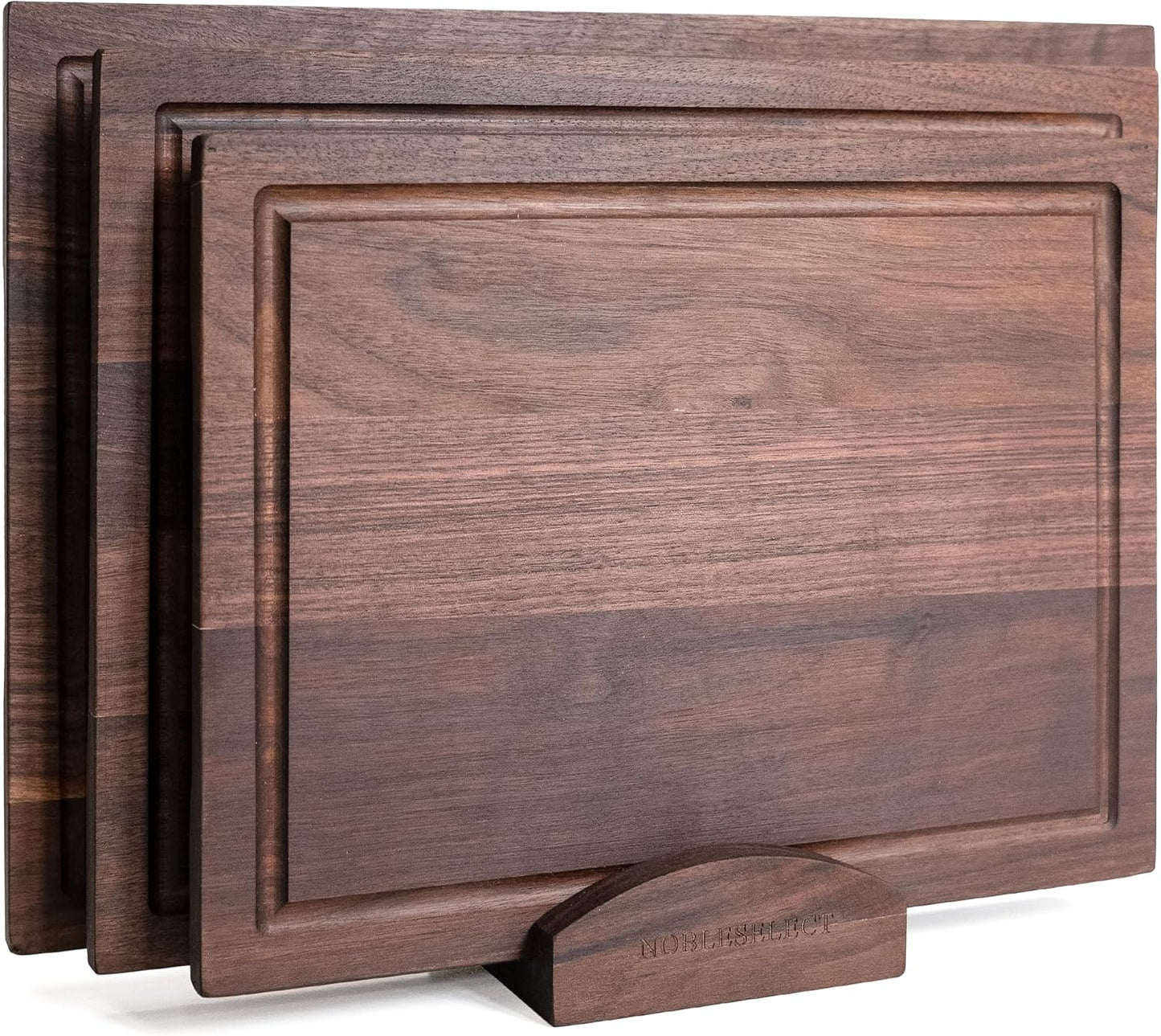 Acacia Wood Cutting Board Set of Three with Wooden Holder, Non-Slip Silicone Pads, Deep Juice Grooves, and Handles – Perfect for Meat, Vegetables, and Charcuterie; A Stylish Kitchen Gift