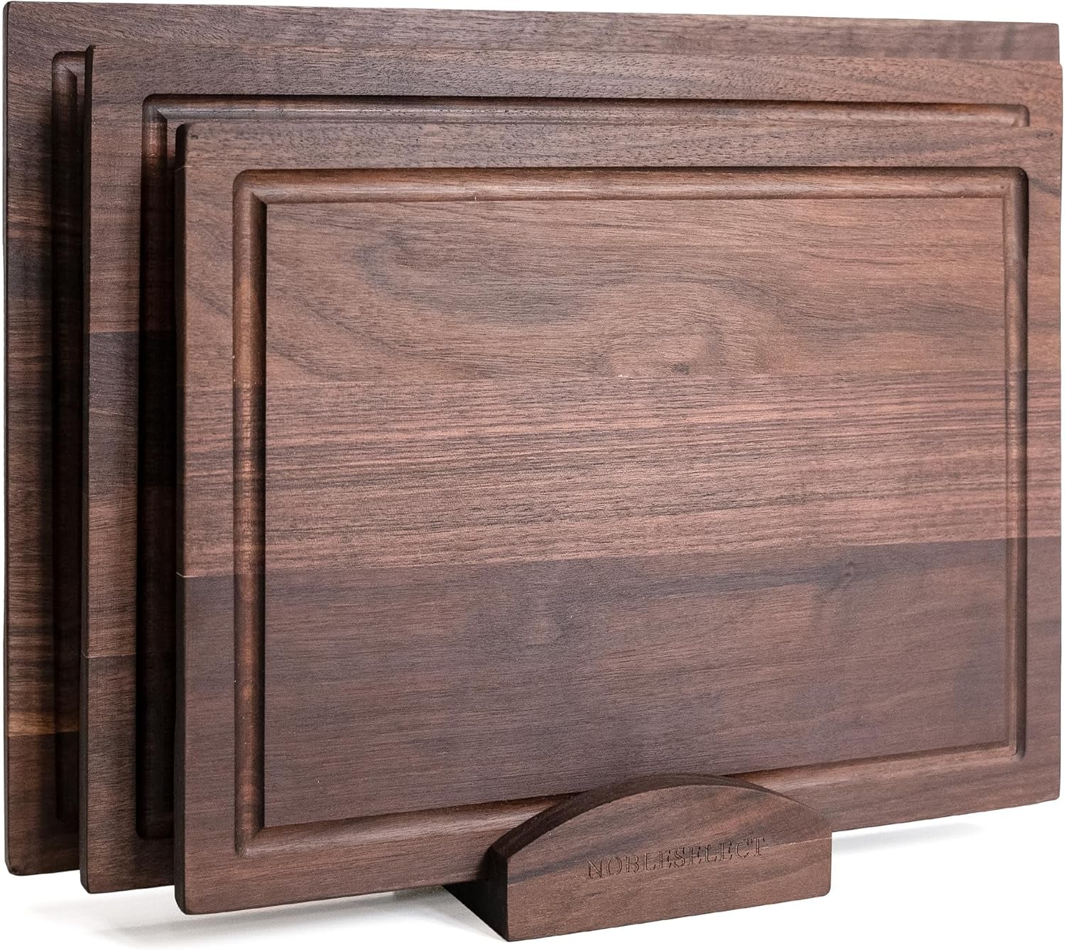 Acacia Wood Cutting Board Set of Three with Wooden Holder, Non-Slip Silicone Pads, Deep Juice Grooves, and Handles – Perfect for Meat, Vegetables, and Charcuterie; A Stylish Kitchen Gift