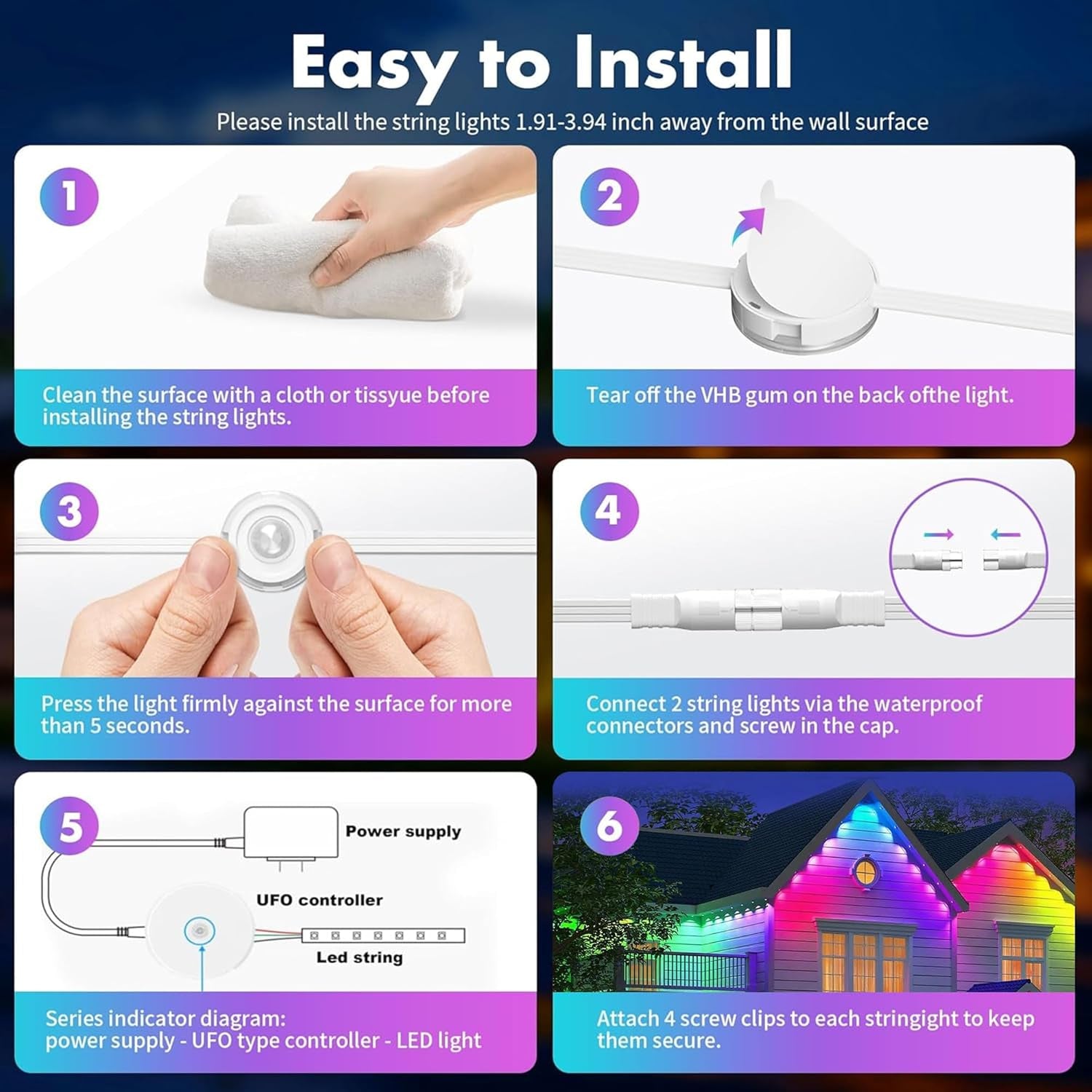 150Ft RGB+IC Permanent Outdoor String Lights with App Control, IP67 Waterproof, 100 Scene Modes for Holiday and Everyday Decor