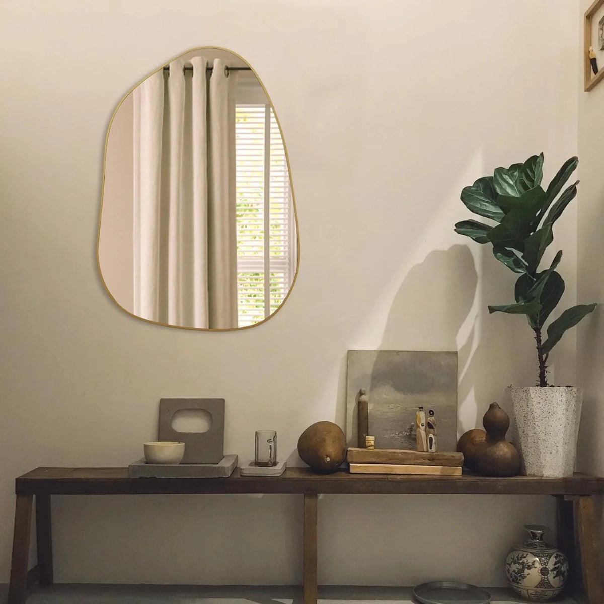 Asymmetrical Golden Wood Framed Wall Mirror, 28'' x 20'' for Bathroom, Bedroom, Living Room, and Entryway