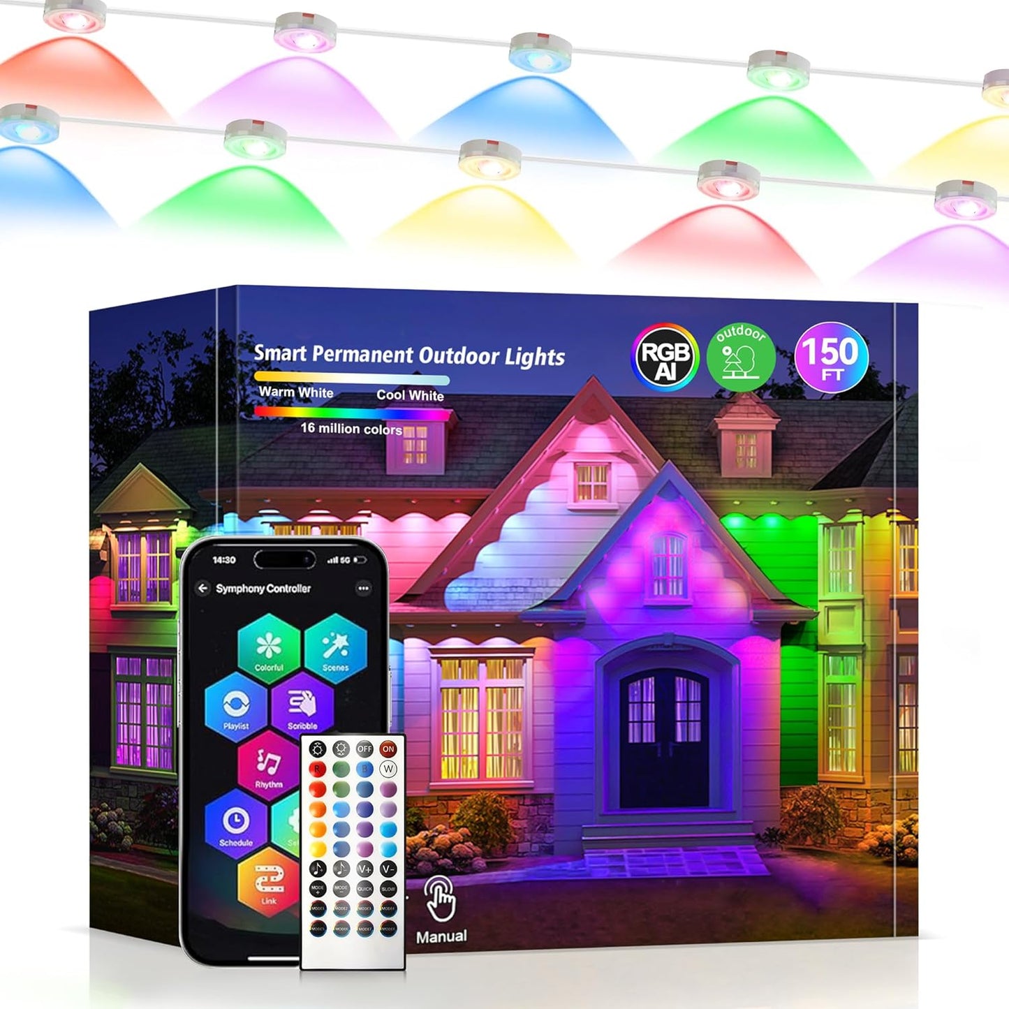 150Ft RGB+IC Permanent Outdoor String Lights with App Control, IP67 Waterproof, 100 Scene Modes for Holiday and Everyday Decor