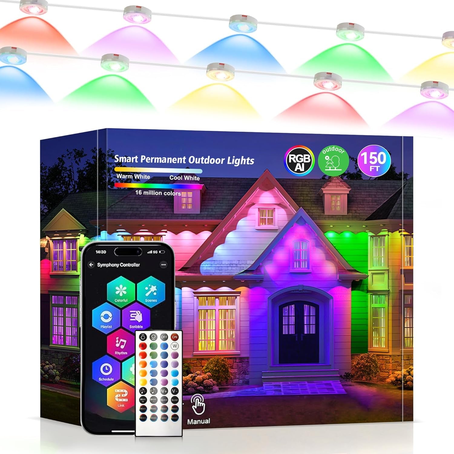 150Ft RGB+IC Permanent Outdoor String Lights with App Control, IP67 Waterproof, 100 Scene Modes for Holiday and Everyday Decor