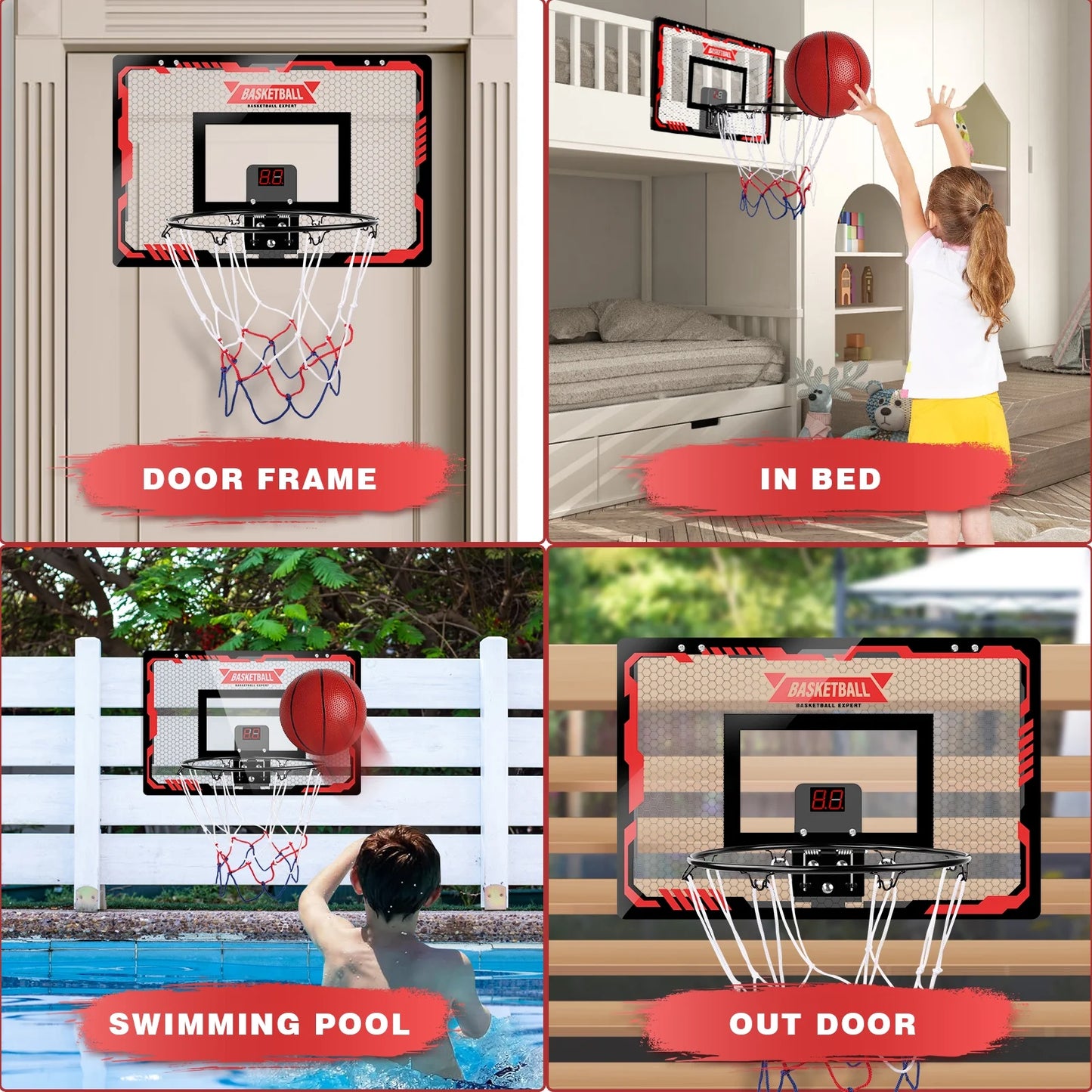 Indoor Basketball Hoop with LED Lights, Mini Basketball Set including 2 Balls and Electronic Scoreboard, Over-the-Door Basketball Accessory for Kids and Teens Aged 5 to 12