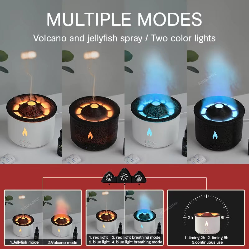 Volcano Flame Aroma Diffuser with Jellyfish Smoke Effect - 360ml Essential Oil Humidifier and Aromatherapy Gift