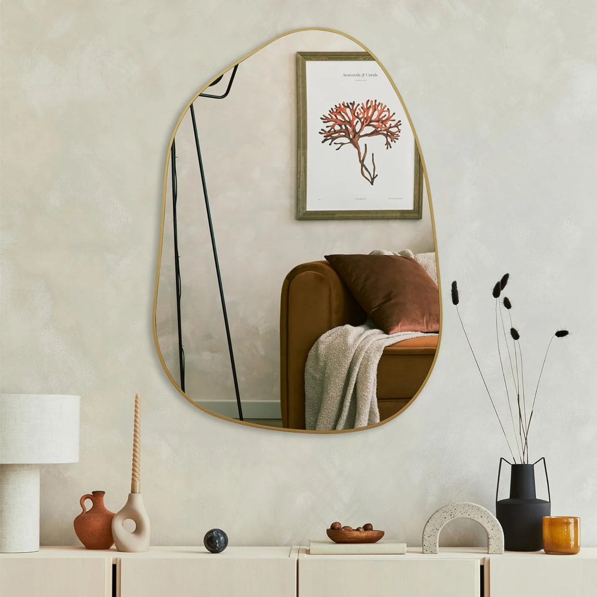Asymmetrical Golden Wood Framed Wall Mirror, 28'' x 20'' for Bathroom, Bedroom, Living Room, and Entryway