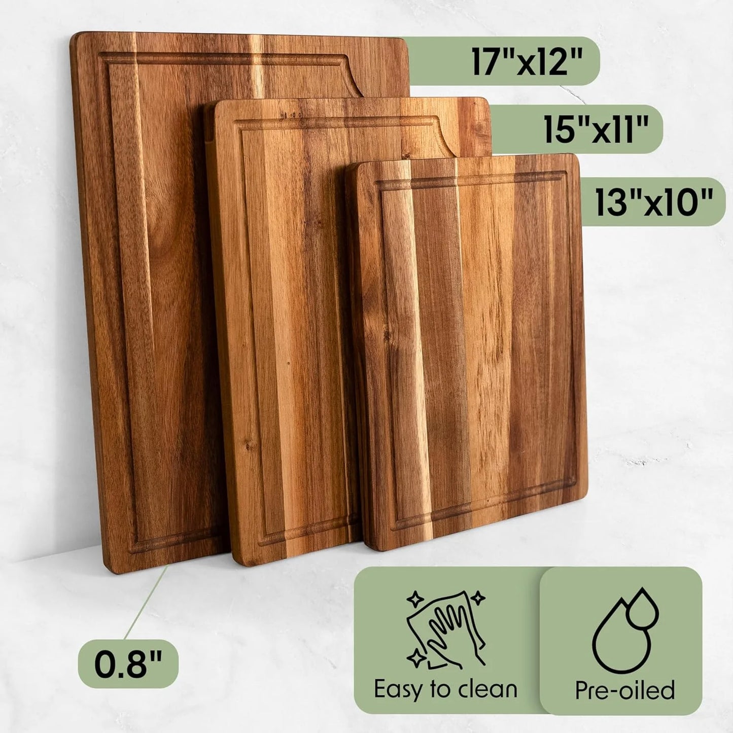 Acacia Wood Cutting Board Set of Three with Wooden Holder, Non-Slip Silicone Pads, Deep Juice Grooves, and Handles – Perfect for Meat, Vegetables, and Charcuterie; A Stylish Kitchen Gift