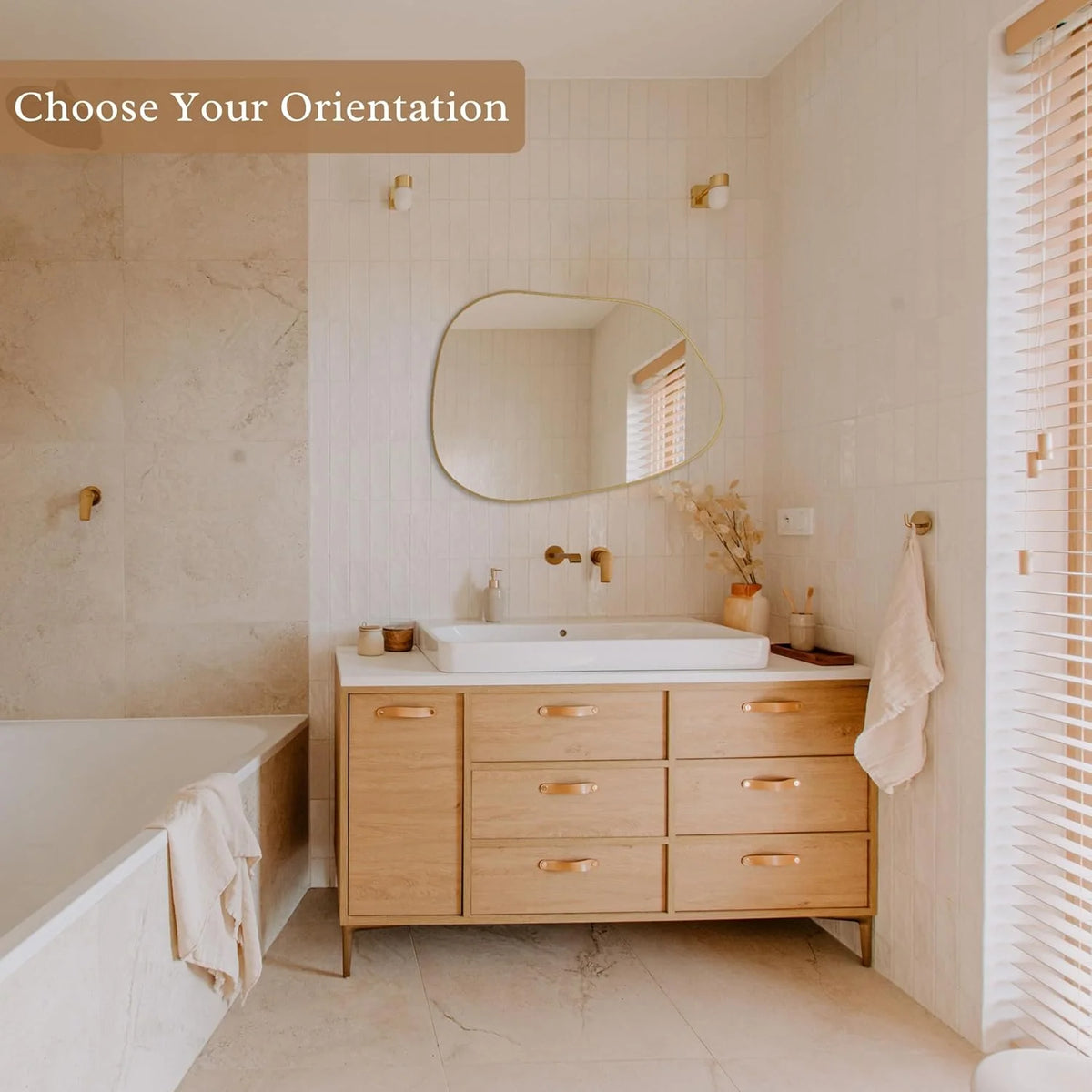 Asymmetrical Golden Wood Framed Wall Mirror, 28'' x 20'' for Bathroom, Bedroom, Living Room, and Entryway
